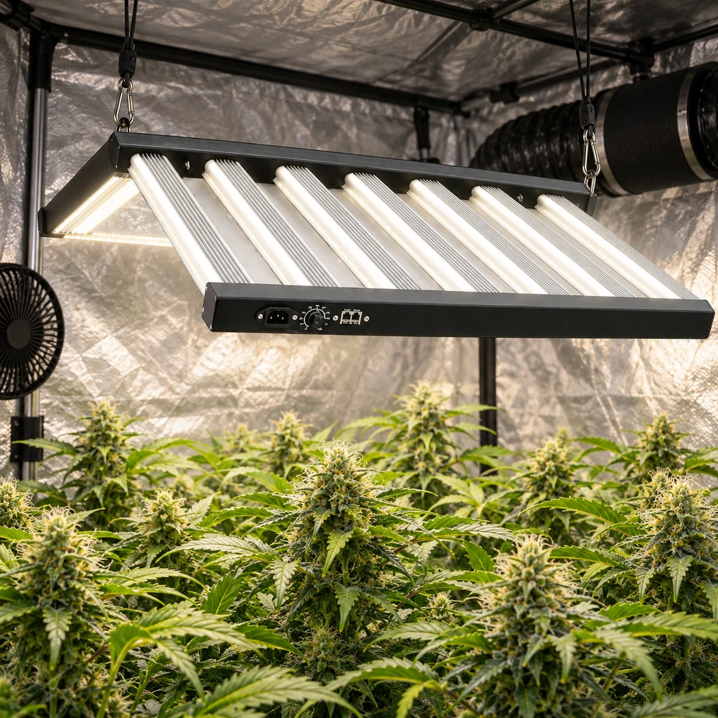 Escena generada de un panel LED de barras suspendido sobre plantas de cannabis en floración dentro de un armario reflectante.
