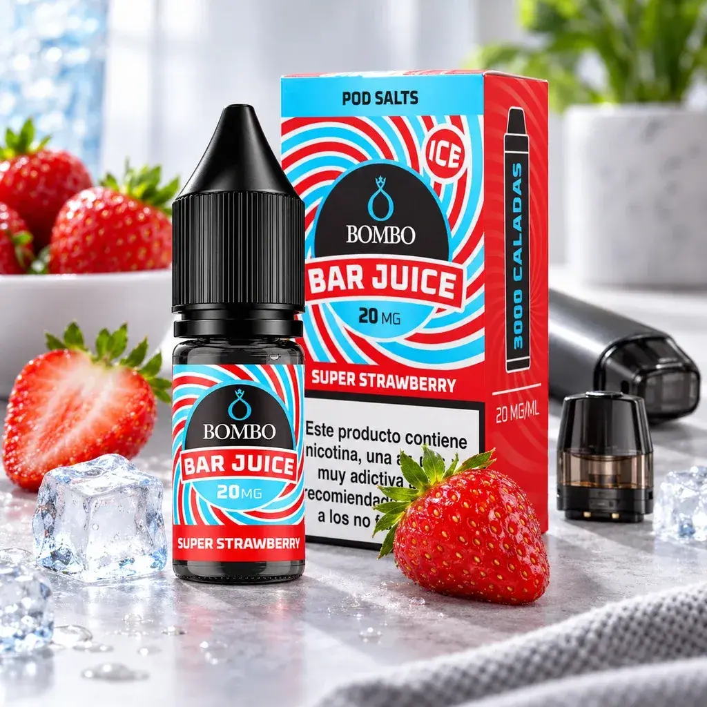 Frasco y caja de Super Strawberry Ice de Bombo, con etiqueta de 20 mg, rodeados de fresas, hielo y un dispositivo de vapeo.