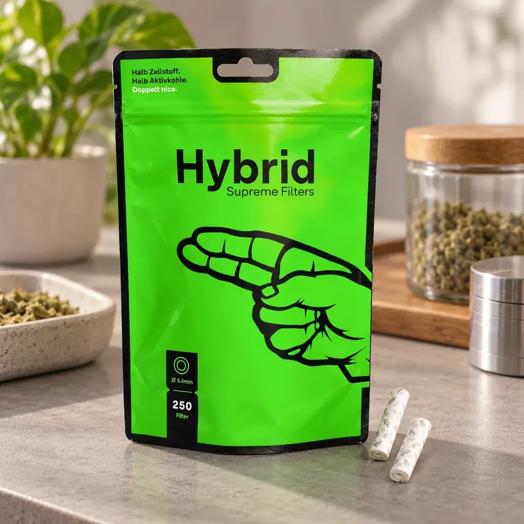 Envase verde de filtros Hybrid Supreme de celulosa y carbón activado de 6,4 × 30 mm, con una mano ilustrada y varios filtros delante.