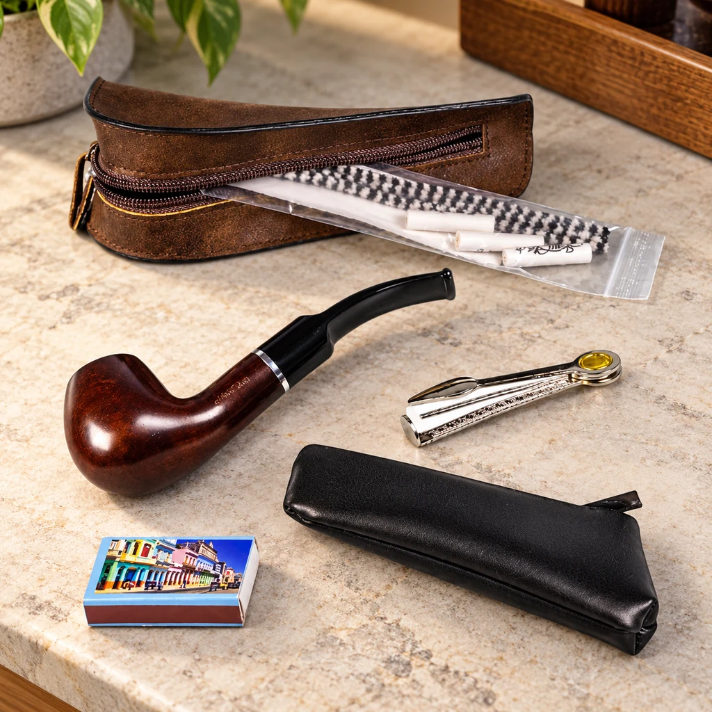 Juego inicial Mr. Pipe Brown Shisha con pipa marrón, estuches, cepillos de limpieza, herramienta metálica y caja de cerillas sobre una encimera.