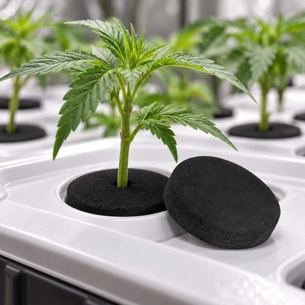 Escena generada de discos negros de neopreno en una bandeja blanca, uno alrededor del tallo de una planta y otro apoyado a su lado. Escena generada de discos negros de neopreno en una bandeja blanca, uno alrededor del tallo de una planta y otro apoyado a su lado.