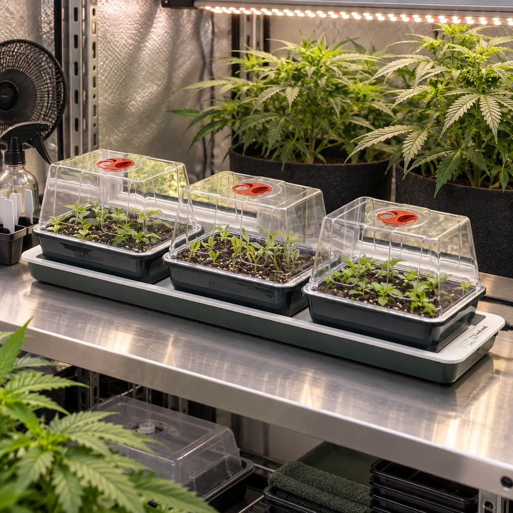 Escena generada del propagador Garland Trio con bandejas de plántulas, tapas transparentes y respiraderos rojos en una mesa de cultivo.