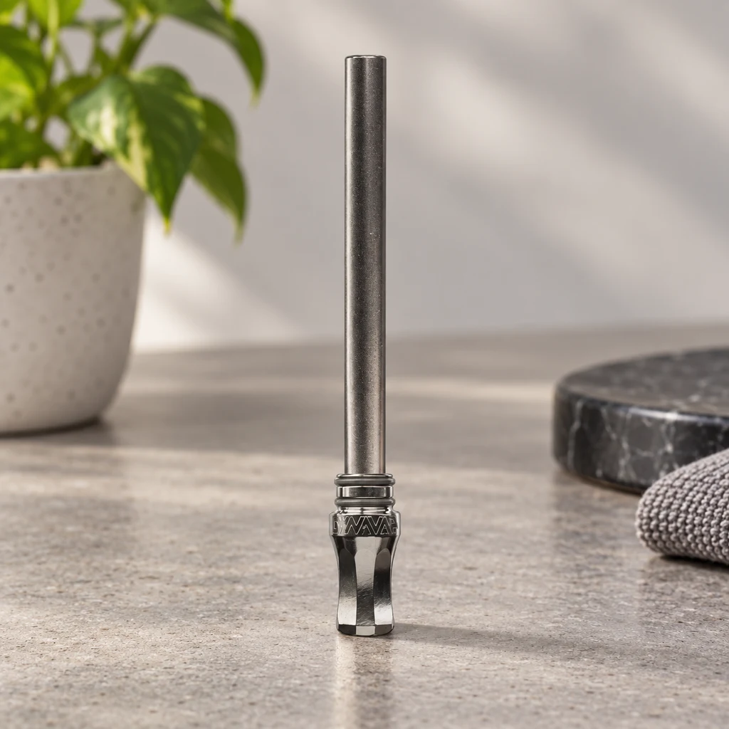 Condensador DynaVap M7 XL con boquilla facetada, colocado verticalmente sobre una encimera junto a una planta y un paño.