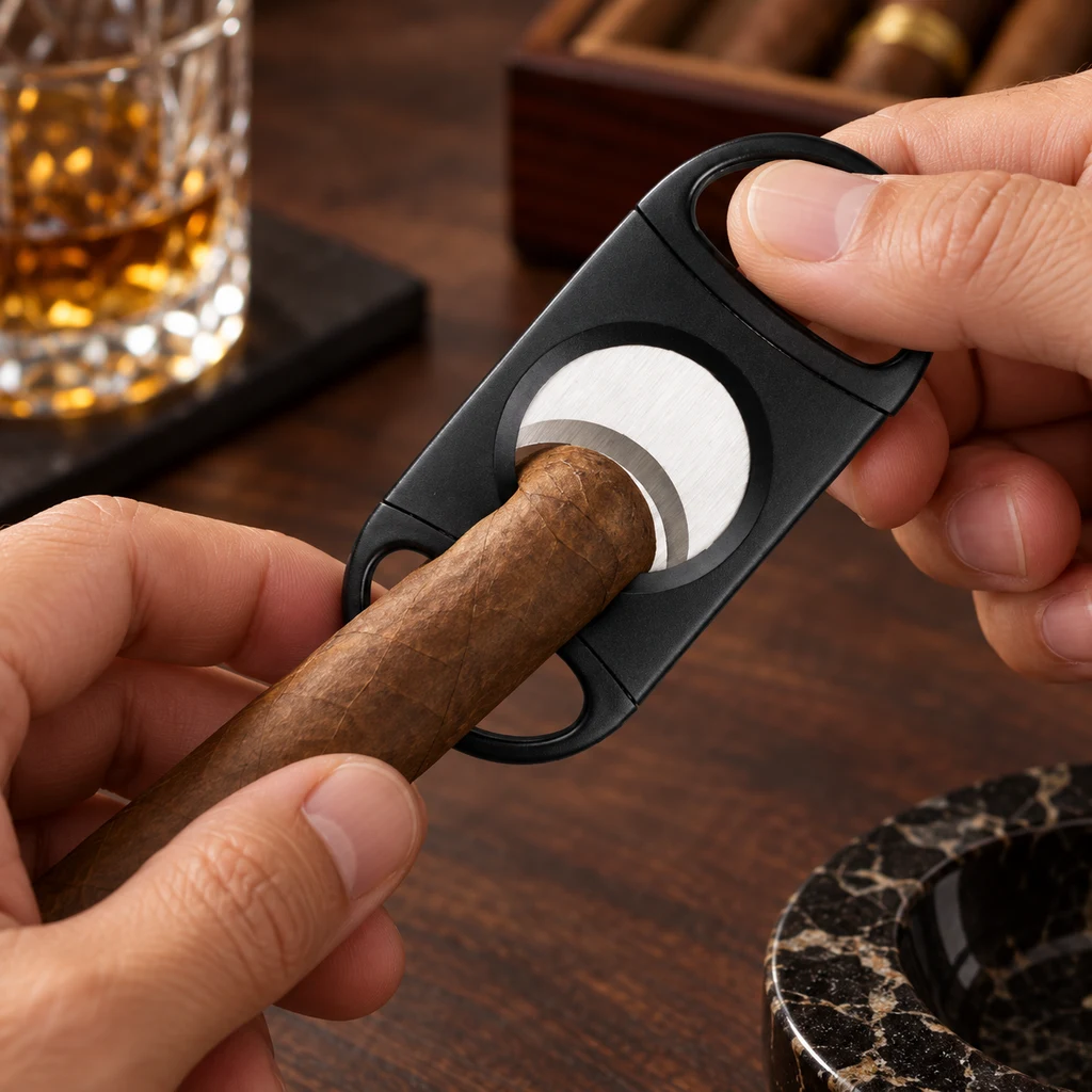 Manos sujetando un puro dentro de un cortador negro de hoja circular, sobre una mesa con un vaso y un cenicero.