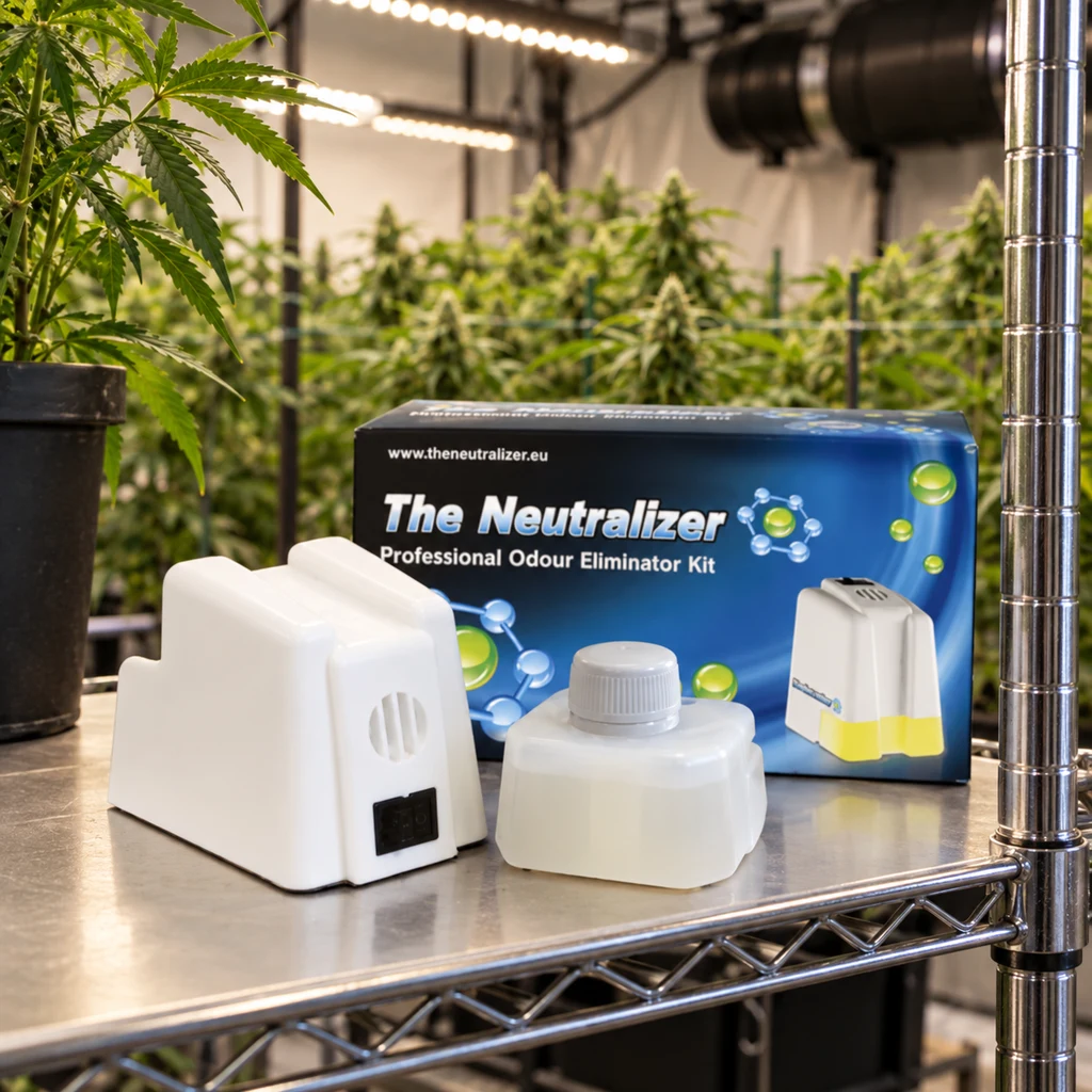 Dispositivo blanco Neutralizer Pro con recarga y caja sobre una estantería metálica, con plantas y luces de cultivo al fondo.