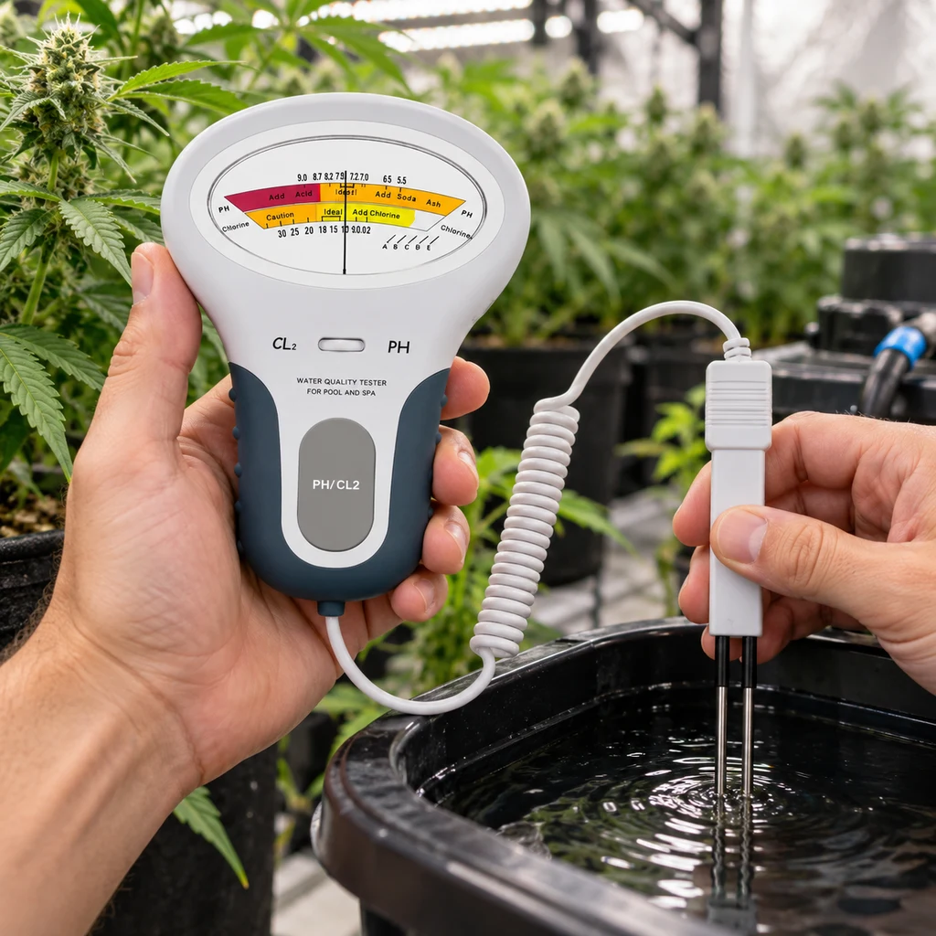 Manos sostienen un medidor analógico de pH y cloro y su sonda conectada por cable, sumergida en un recipiente negro con agua entre plantas.