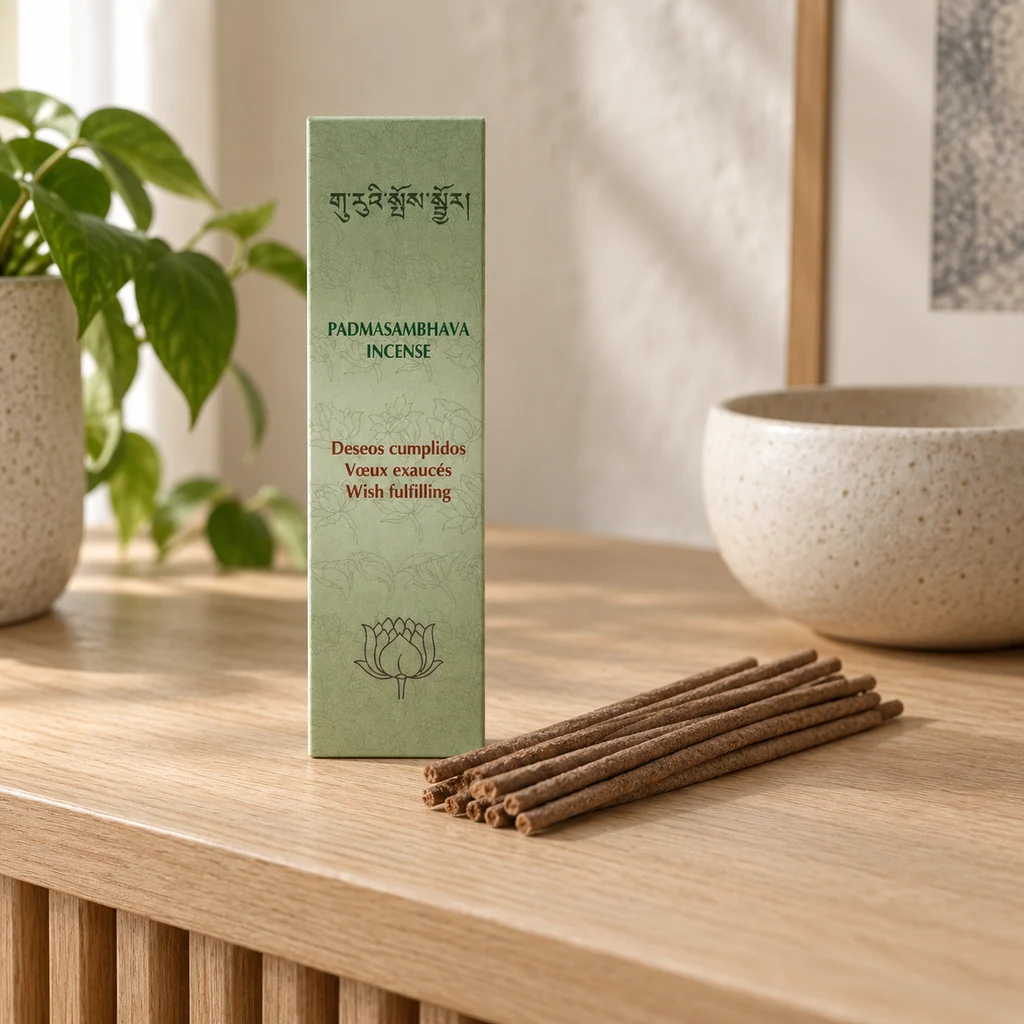 Caja verde de incienso tibetano Padmasambhava junto a varias varillas marrones sobre una mesa de madera, con plantas al fondo.