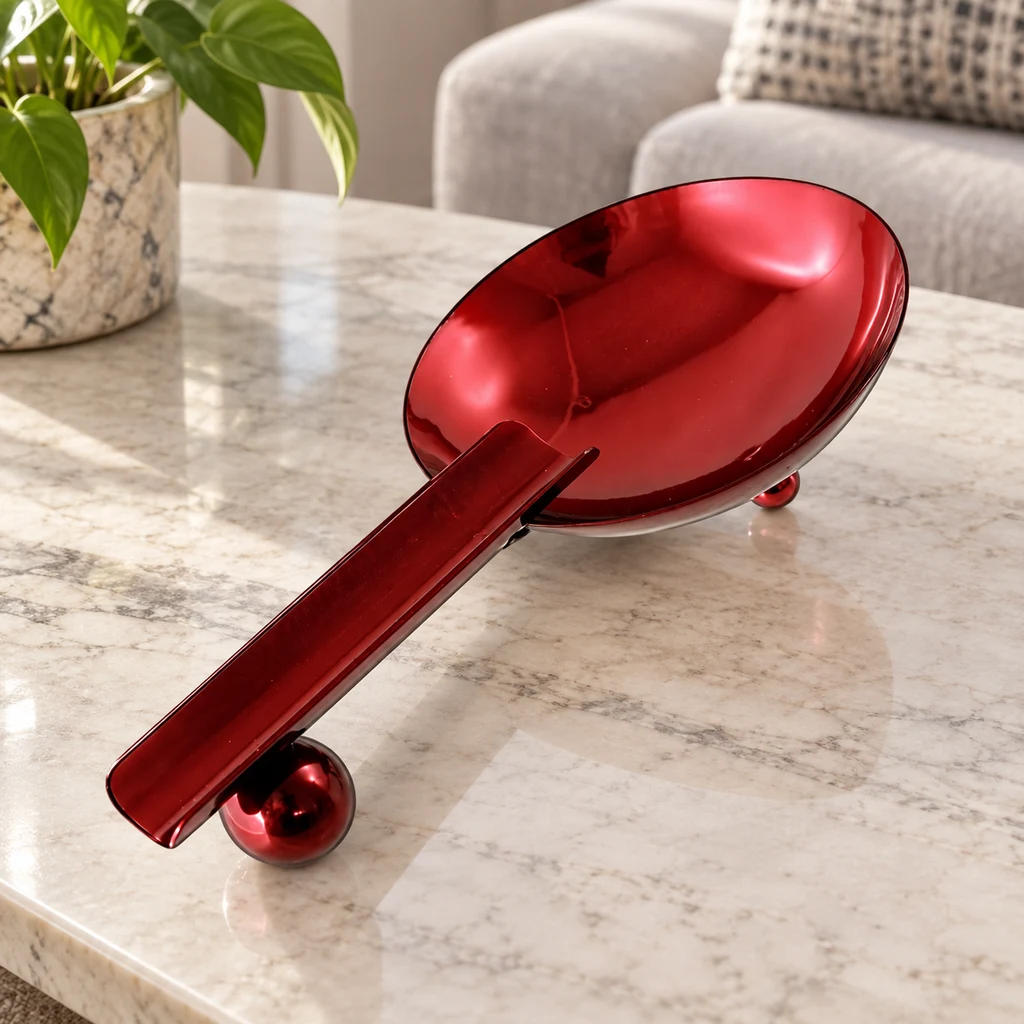 Cenicero rojo brillante con recipiente ovalado inclinado y canal alargado, apoyado sobre patas esféricas en una mesa de aspecto marmóreo.