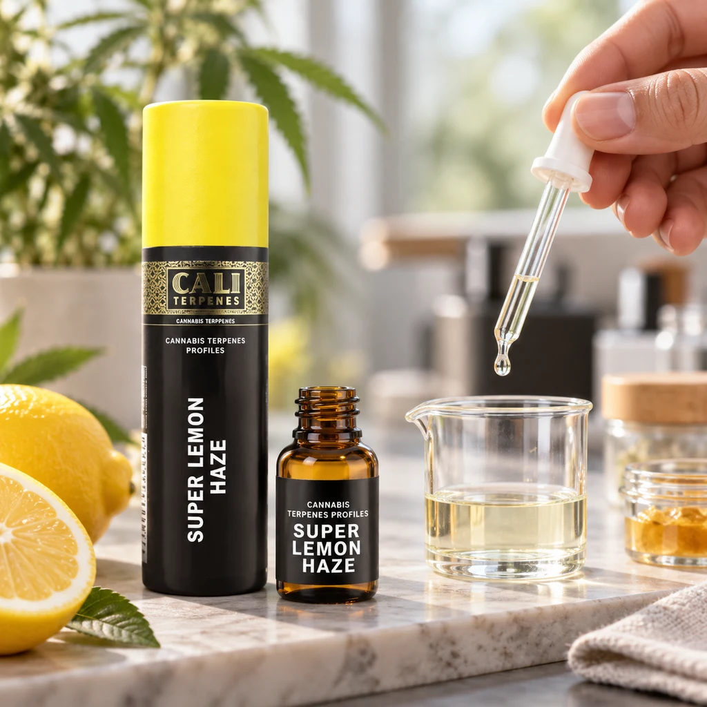 Frasco abierto de terpenos Super Lemon Haze junto a su estuche amarillo y negro; una mano sostiene un cuentagotas sobre un vaso.