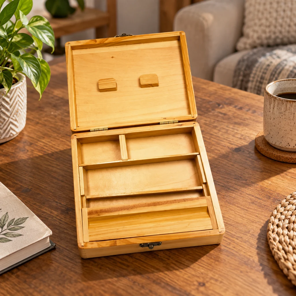 Caja de madera abierta con compartimentos y bandeja de liar en su interior, sobre una mesa junto a una planta, un cuaderno y una taza.