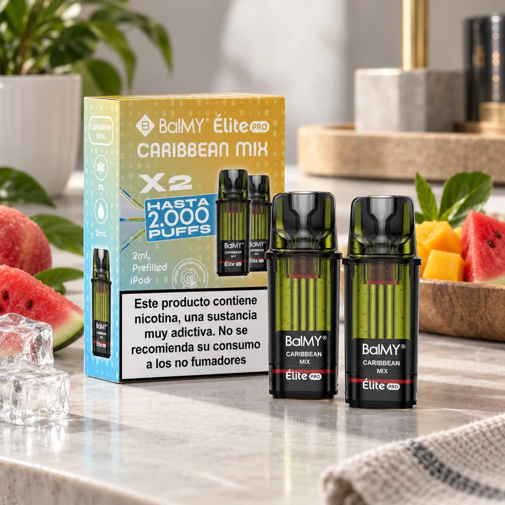 Dos pods Balmy Élite Pro Caribbean Mix junto a su caja, sobre una encimera con sandía, dados de fruta amarilla y hielo.