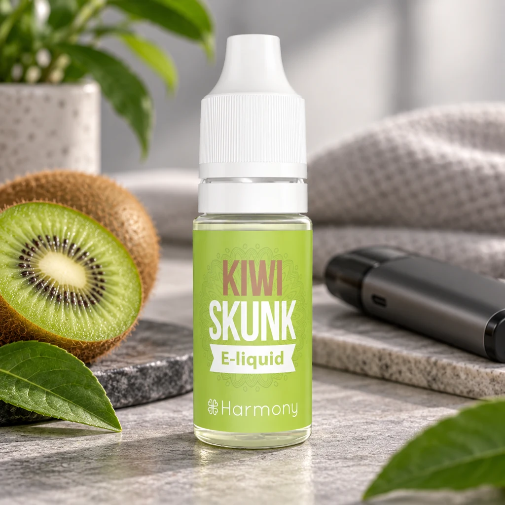 Frasco de e-líquido Harmony Kiwi Skunk con tapón blanco y etiqueta verde, junto a un kiwi cortado y un vaporizador.