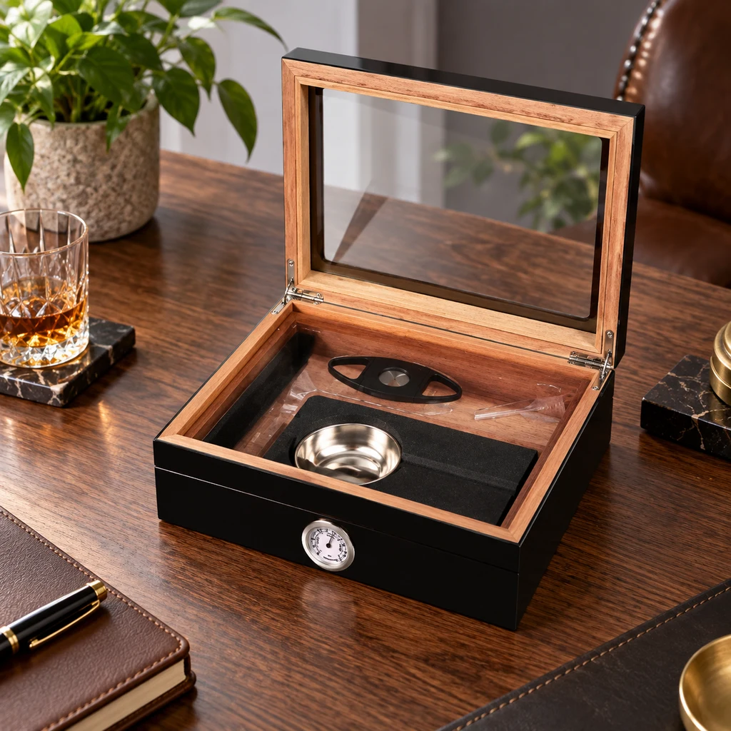 Humidor negro abierto con tapa de cristal, interior de madera y medidor circular frontal, sobre un escritorio con accesorios.