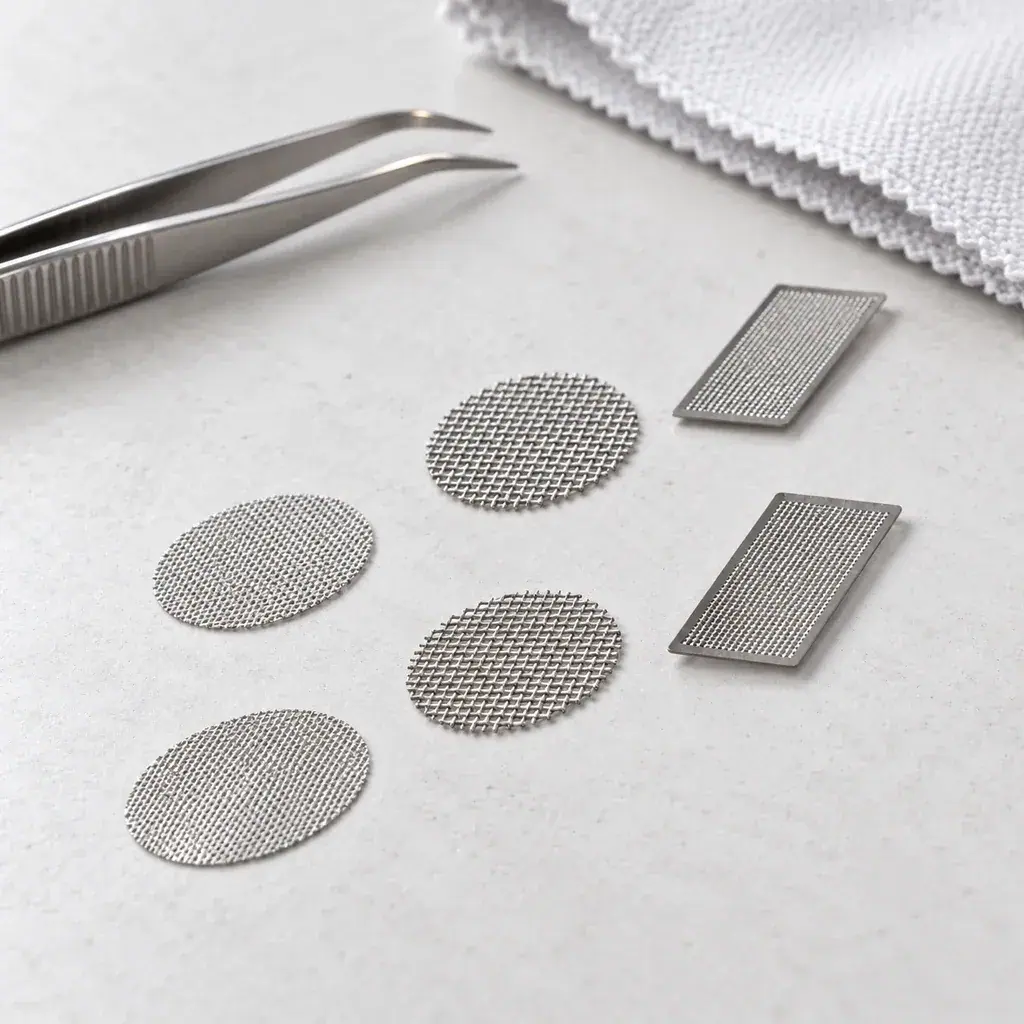 Juego de cribas pequeñas para vaporizador Venti, con varias mallas circulares y rectangulares junto a unas pinzas y un paño.