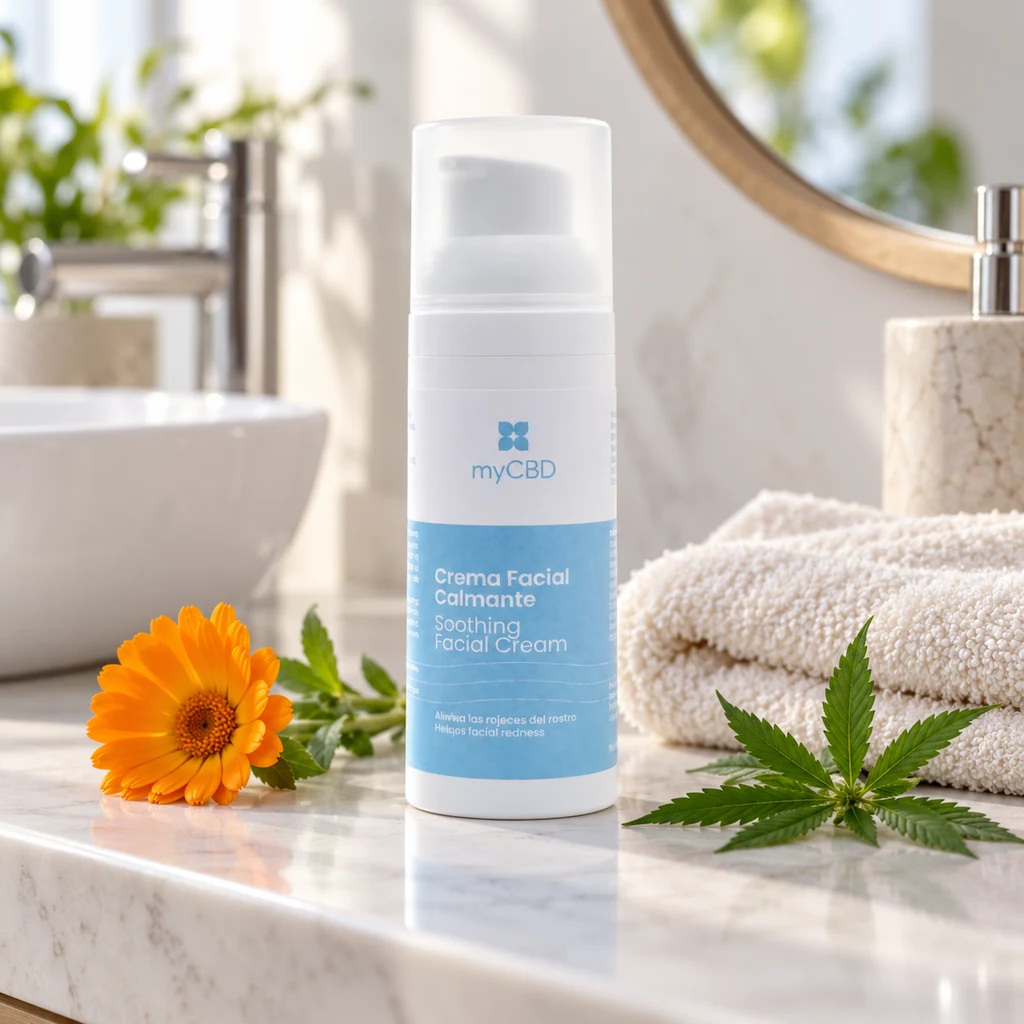 Envase blanco y azul de crema facial calmante myCBD sobre una encimera de baño, junto a toallas, una flor naranja y una hoja de cannabis.