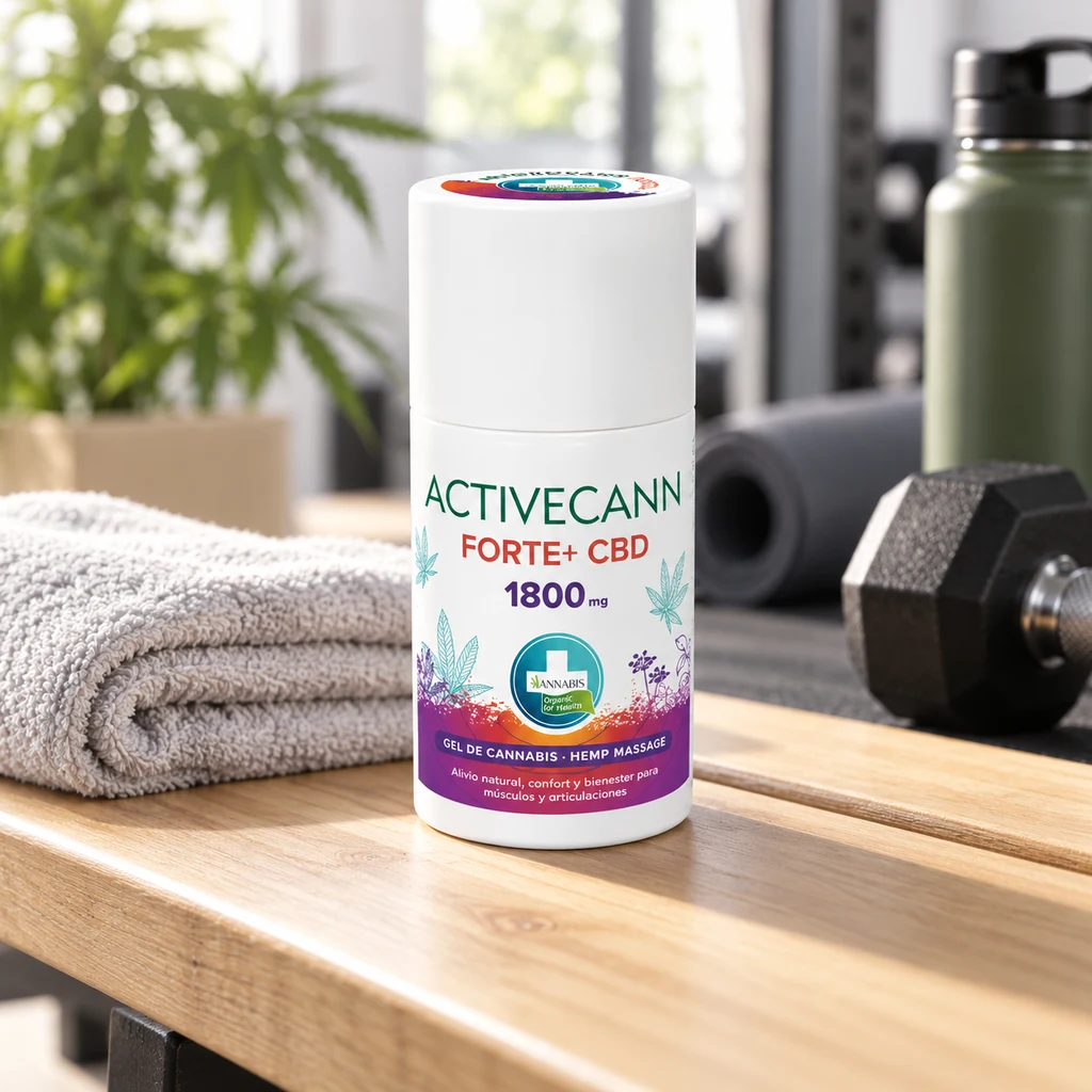 Envase blanco de gel de masaje Activecann Forte+ sobre un banco de madera, junto a una toalla y una mancuerna.