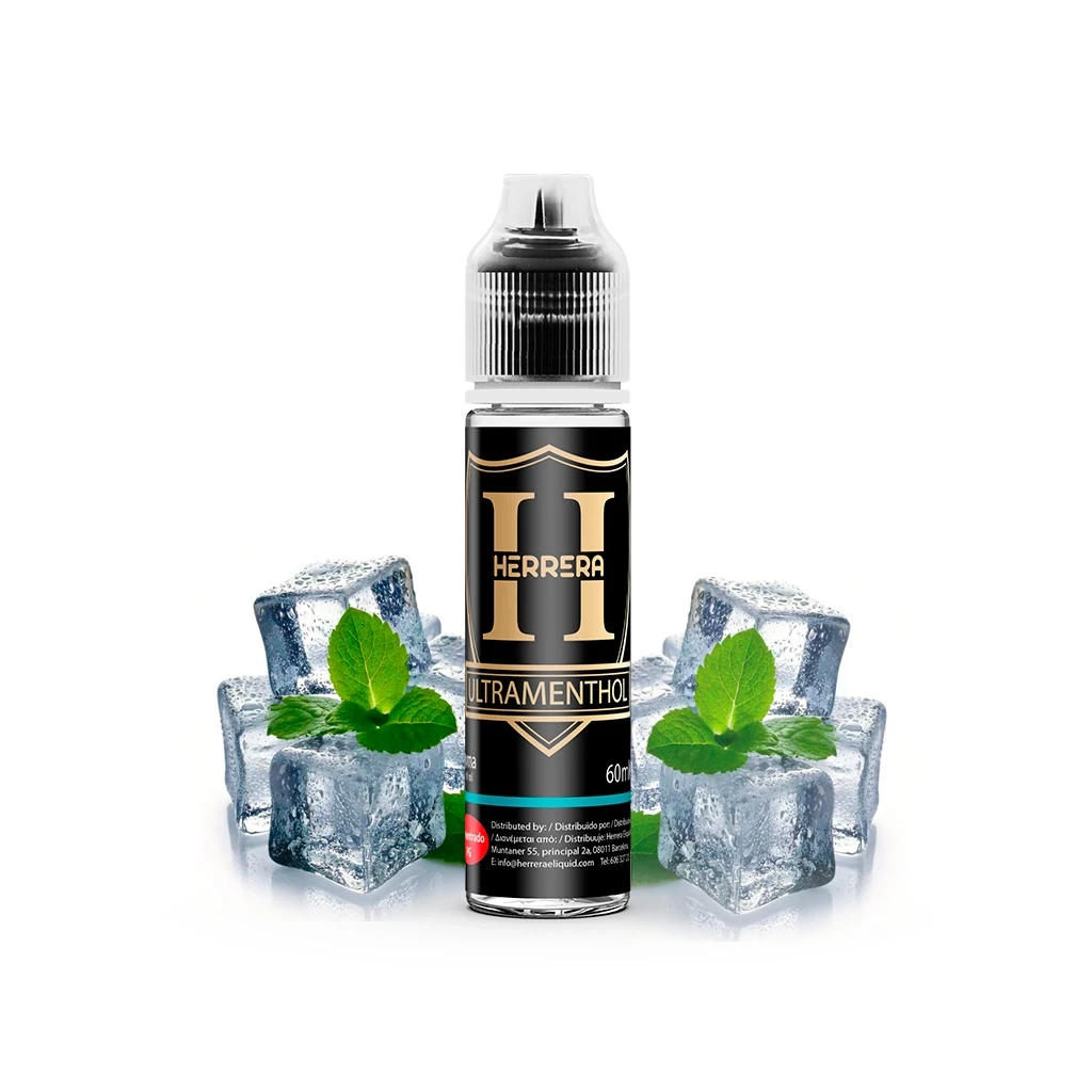 Bote de Herrera Ultramenthol con etiqueta negra y dorada, rodeado de cubitos de hielo y hojas de menta sobre fondo blanco.