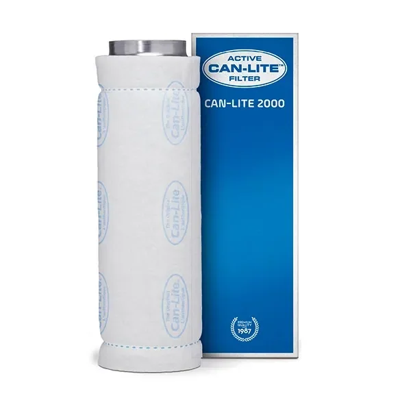 Filtro cilíndrico CAN-Lite 2000 con funda blanca y boca metálica superior, junto a su caja azul rotulada.