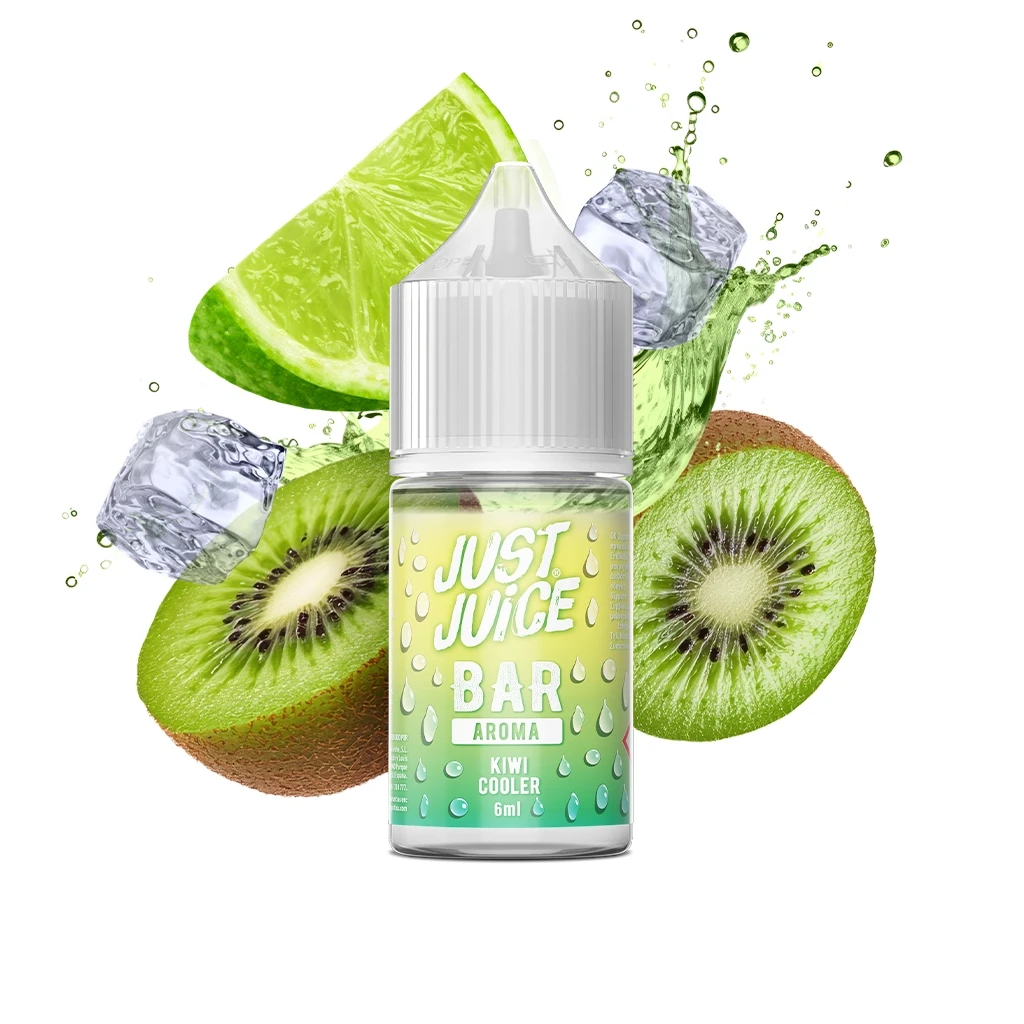 Bote Just Juice Bar Kiwi Cooler con tapón blanco, entre mitades de kiwi, una cuña de lima, hielo y una salpicadura verde.