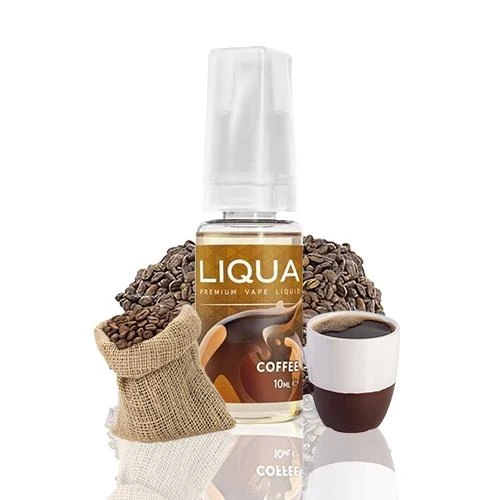 Bote Liqua Coffee de 10 ml con tapón translúcido, junto a una taza de café y un saco de arpillera con granos de café.
