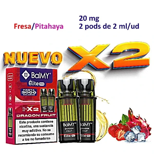 Dos pods BALMY ÉLITE PRO Dragon Fruit junto a su caja, con fresas, pitahaya y hielo; el anuncio indica 20 mg y 2 ml por unidad.