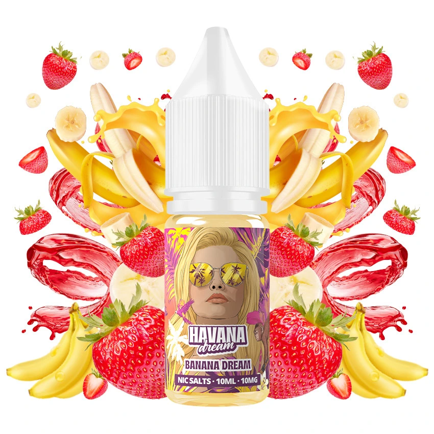 Frasco de Banana Dream Salts de Havana Dream con tapón blanco, rodeado de plátanos, fresas y salpicaduras amarillas y rojas.