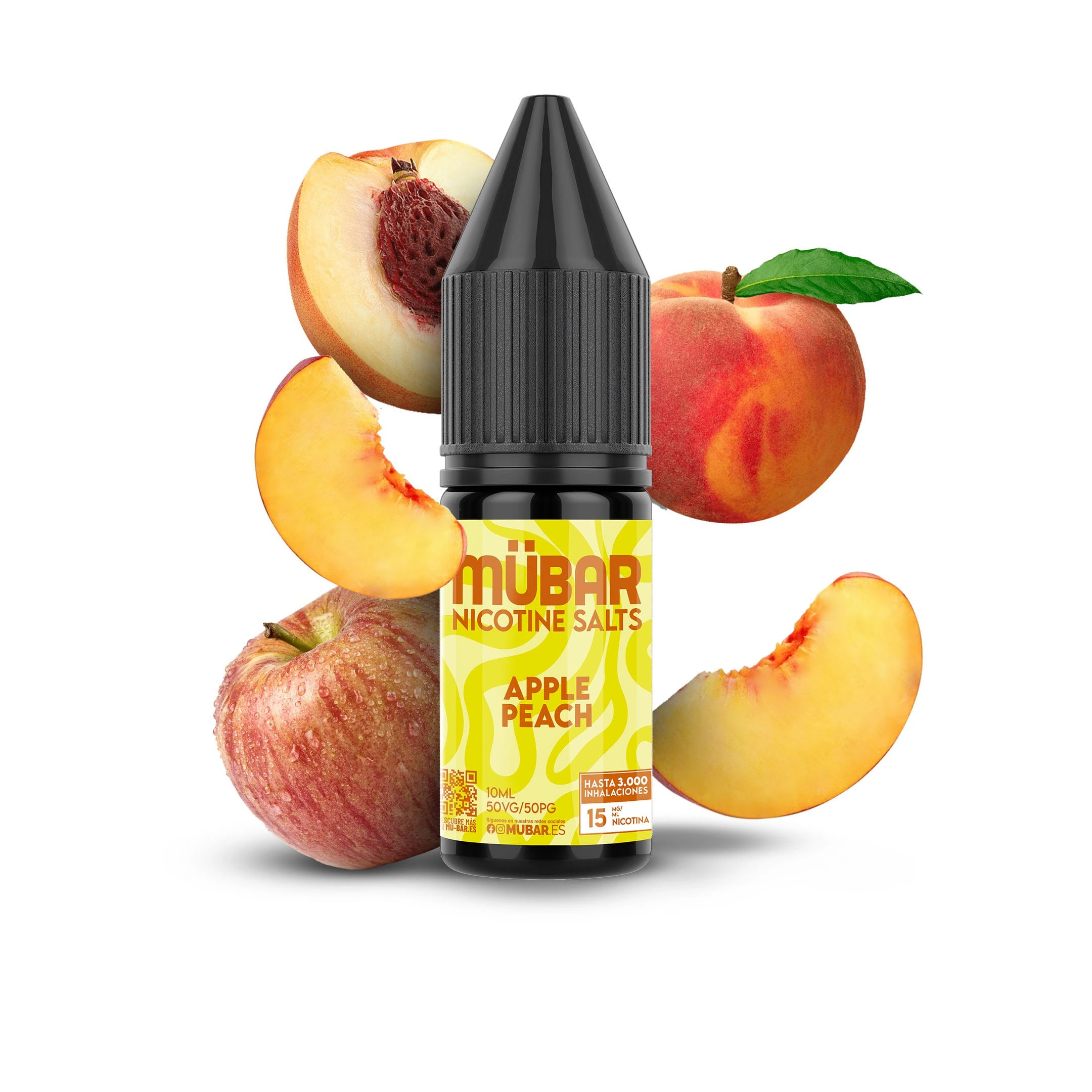 Frasco de MÜBAR Apple Peach con etiqueta amarilla y tapón negro, rodeado de una manzana y melocotones enteros y cortados.