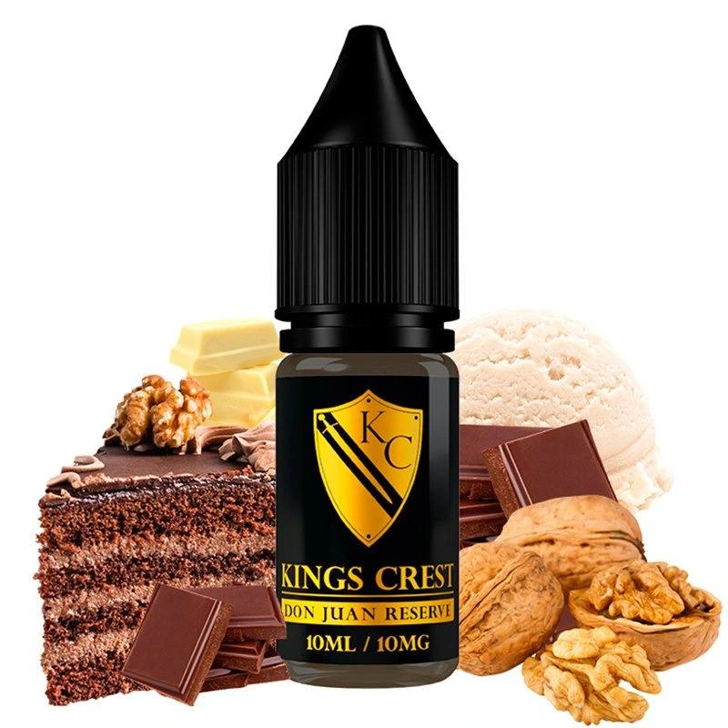 Frasco de Don Juan Reserve Kings Crest con tapón negro y etiqueta dorada, rodeado de tarta de chocolate, nueces y una bola de helado.