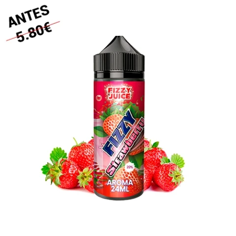 Bote de Fizzy Juice Strawberry con tapón negro, etiqueta roja con el texto «Aroma 24 ml» y fresas alrededor sobre fondo blanco.