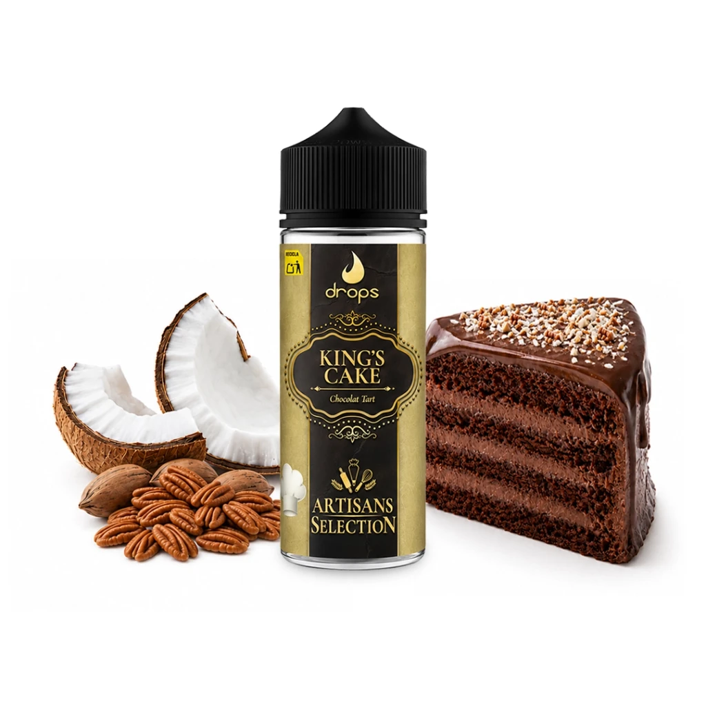 Bote de Drops Kings Cake con etiqueta negra y dorada, junto a trozos de coco, nueces pecanas y una porción de tarta de chocolate.