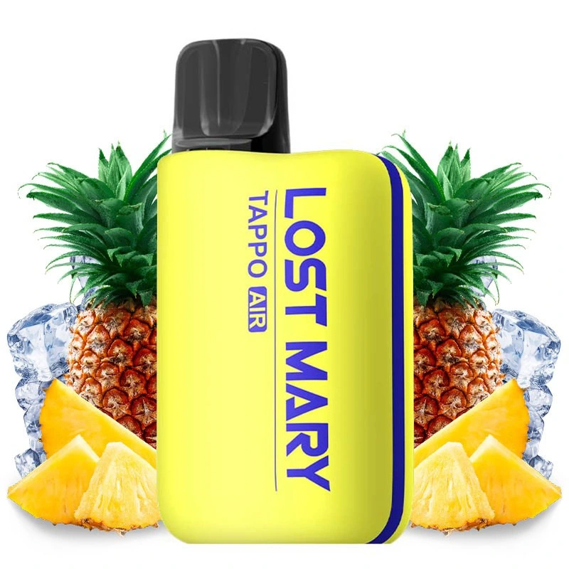 Vapeador Lost Mary Tappo amarillo con boquilla negra, rodeado de piñas enteras, trozos de piña y cubitos de hielo sobre fondo blanco.
