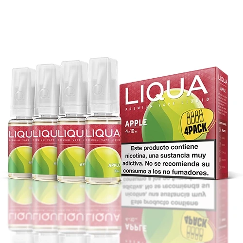 Cuatro frascos de líquido Liqua Apple junto a su caja roja y verde, marcada 4PACK, con advertencia sobre nicotina y reflejo en la base.
