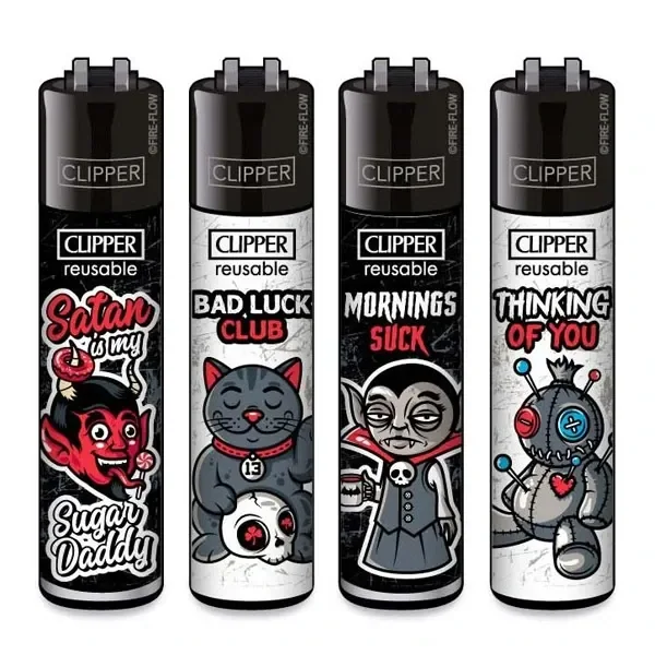 Mecheros Clipper Classic Slogan 666 con distintos diseños: diablo, gato con calavera, vampiro y muñeco vudú, acompañados de frases.