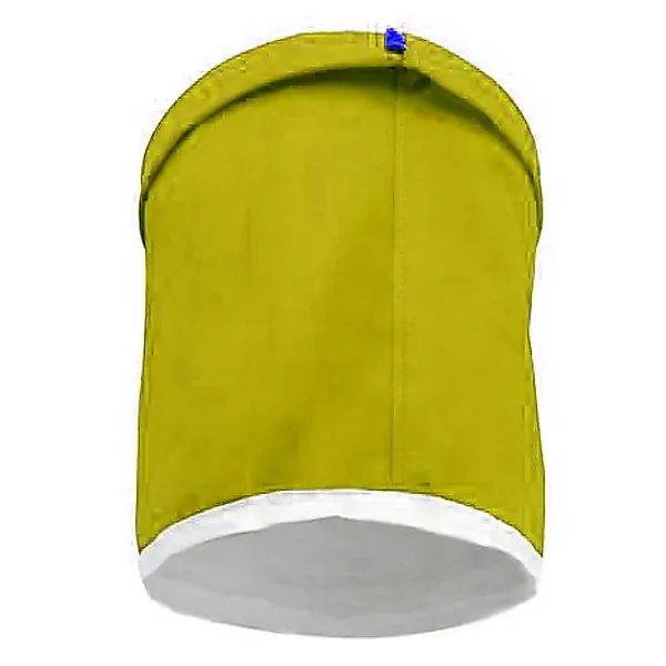 Bolsa BubbleBag XXL amarilla, de cuerpo cilíndrico, con borde superior doblado, pequeña pestaña azul y fondo circular blanco. Bolsa BubbleBag XXL amarilla, de cuerpo cilíndrico, con borde superior doblado, pequeña pestaña azul y fondo circular blanco.