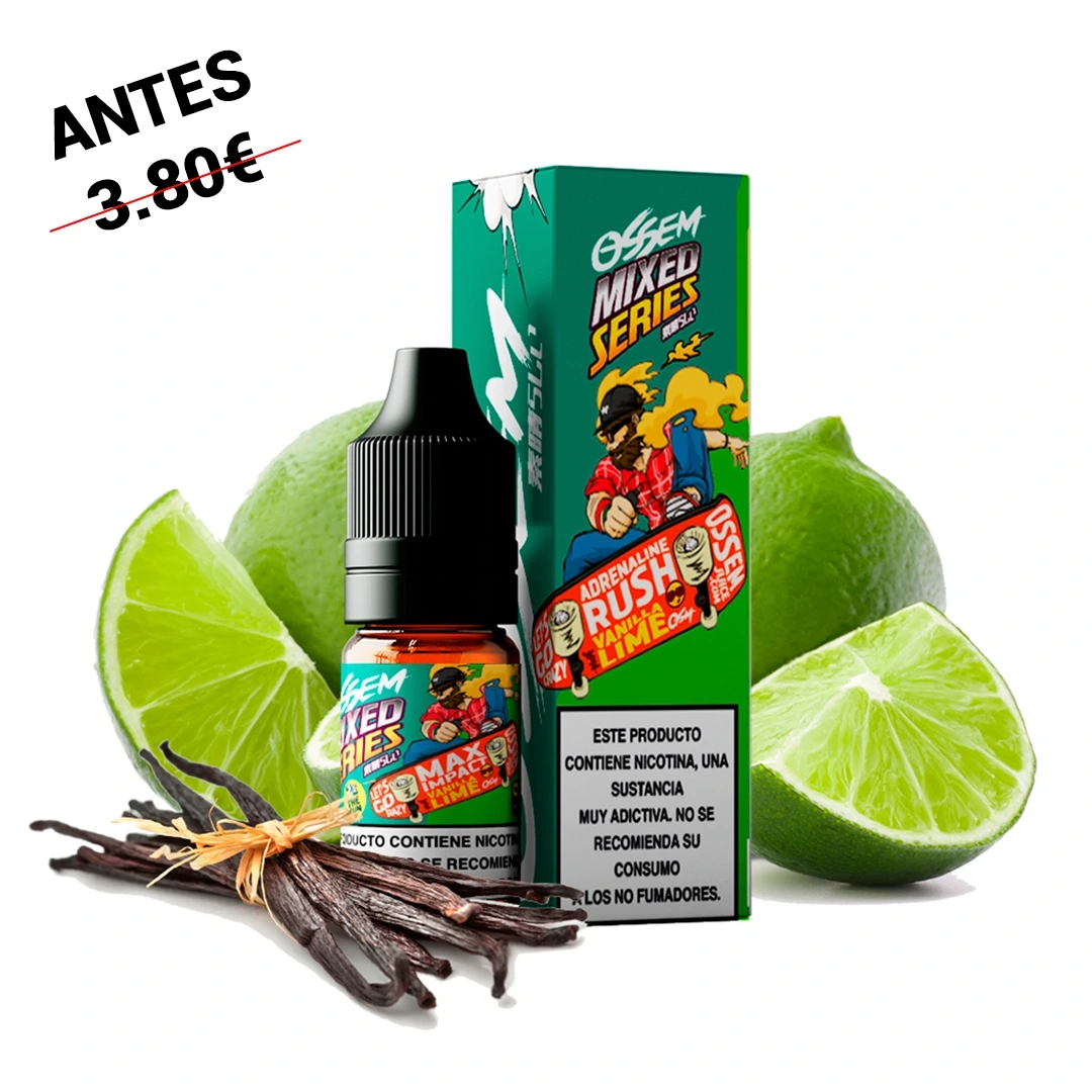 Frasco con tapón negro y caja verde de Ossem Vanilla Lime, rodeados de limas y vainas de vainilla, con advertencia de nicotina visible.