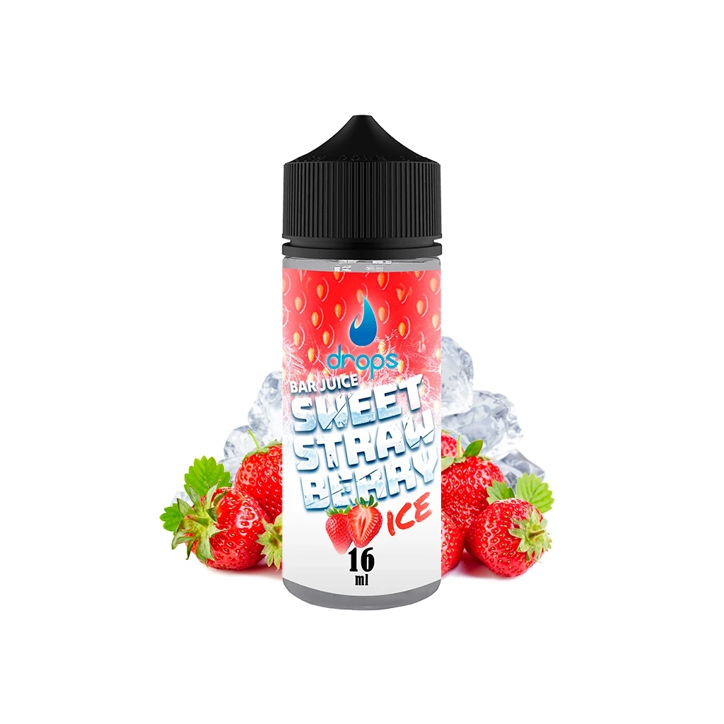 Bote Sweet Strawberry Ice de Drops Bar Juice con tapón negro y etiqueta de 16 ml, acompañado de fresas y cubitos de hielo.