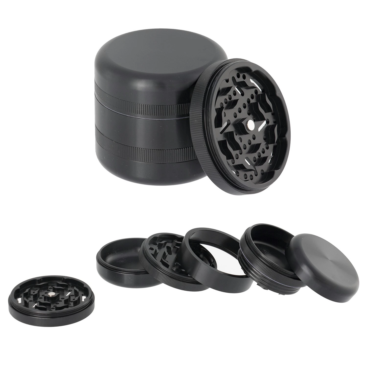 Grinder negro mostrado montado y despiece de sus componentes, con dientes, orificios y bordes estriados sobre fondo blanco.