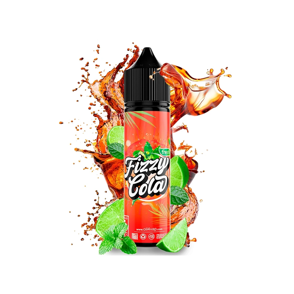 Bote Fizzy Cola de Oil4Vap con tapón negro y etiqueta naranja, rodeado de gajos de lima, menta y una salpicadura de líquido oscuro.