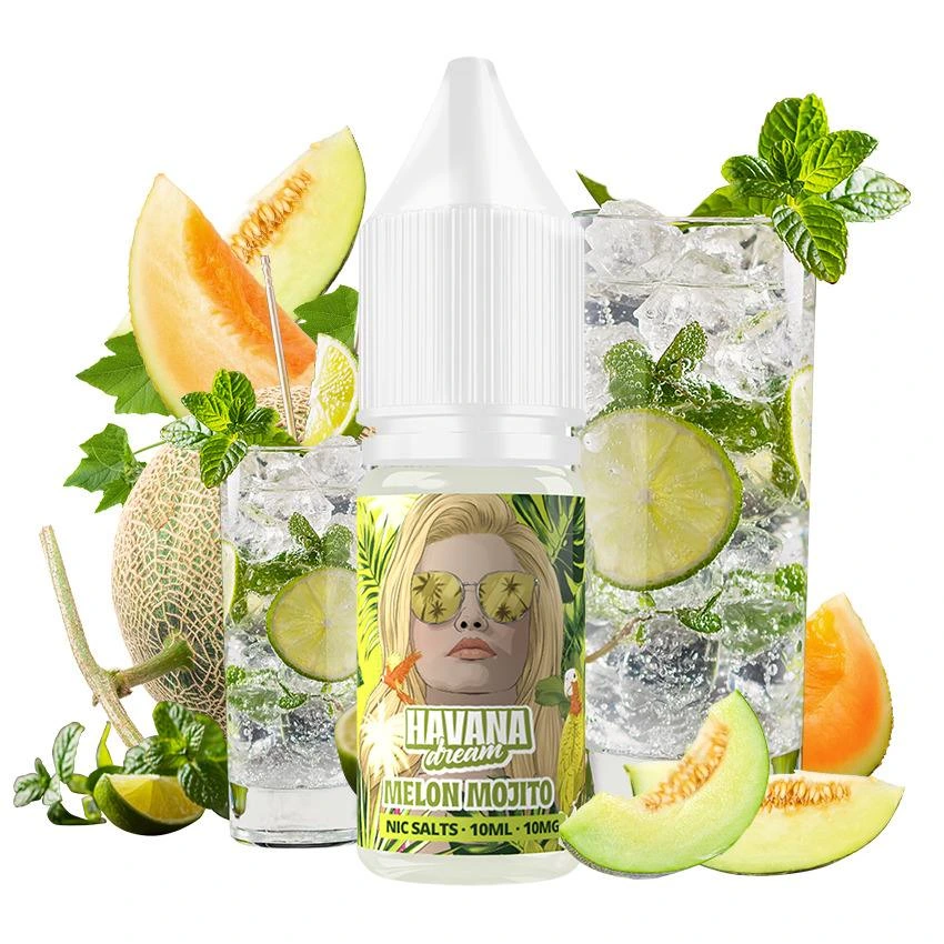 Frasco Melon Mojito de Havana Dream con tapón blanco, rodeado de melón y vasos con hielo, rodajas de lima y hojas de menta.