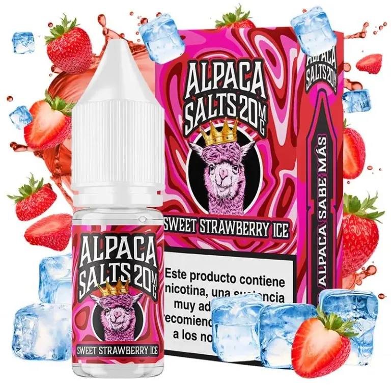 Frasco y caja Sweet Strawberry Ice de Alpaca Salts, con una alpaca rosa coronada, rodeados de fresas y cubitos de hielo.
