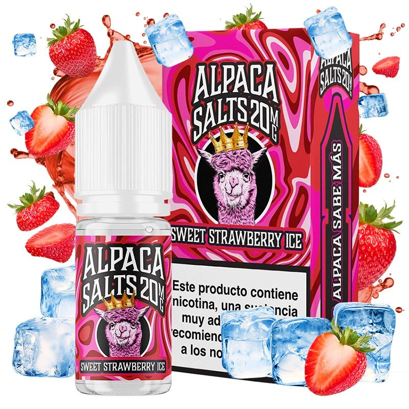 Frasco y caja Sweet Strawberry Ice de Alpaca Salts, con una alpaca rosa coronada, rodeados de fresas y cubitos de hielo.