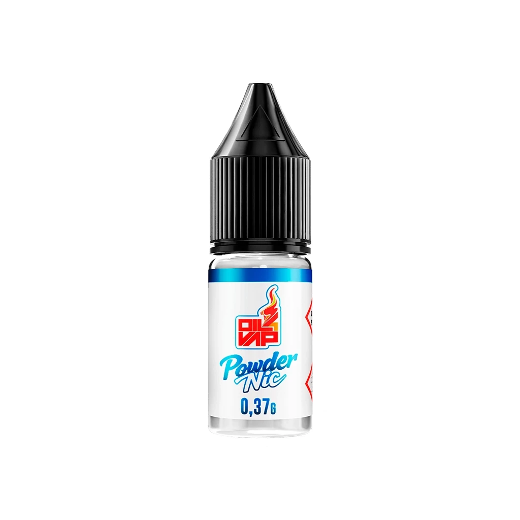 Frasco transparente de Powder Nic de Oil4Vap, con tapón negro alargado y etiqueta blanca y azul que indica 0,37 g.