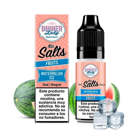 Frasco y caja de Dinner Lady Watermelon Ice Nic Salt con etiquetas de 20 y 10 mg/ml, acompañados de sandía y cubitos de hielo.