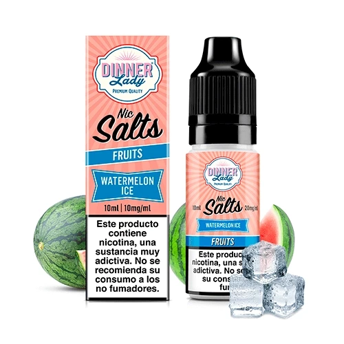 Frasco y caja de Dinner Lady Watermelon Ice Nic Salt con etiquetas de 20 y 10 mg/ml, acompañados de sandía y cubitos de hielo.