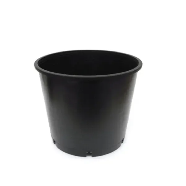 Maceta redonda negra vacía, con borde superior ancho y pequeñas aberturas en la base, sobre fondo blanco. Maceta redonda negra vacía, con borde superior ancho y pequeñas aberturas en la base, sobre fondo blanco.