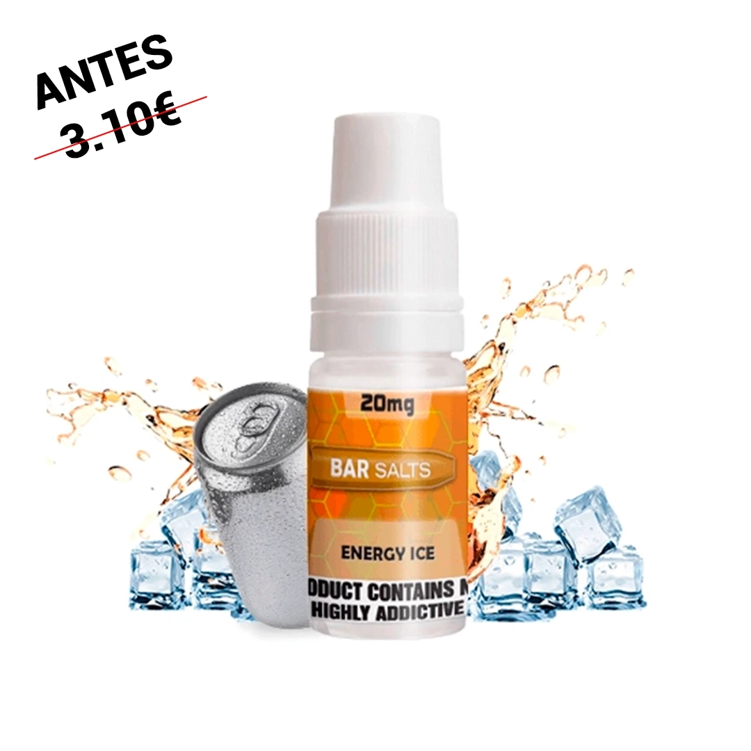 Frasco Bar Salts Energy Ice con tapón blanco y etiqueta naranja marcada 20 mg, rodeado de cubitos de hielo, una lata y salpicaduras.