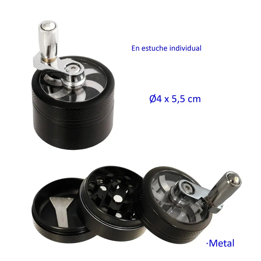Grinder negro de metal con manivela, mostrado cerrado y desmontado en tres partes, con dientes y pequeña espátula.