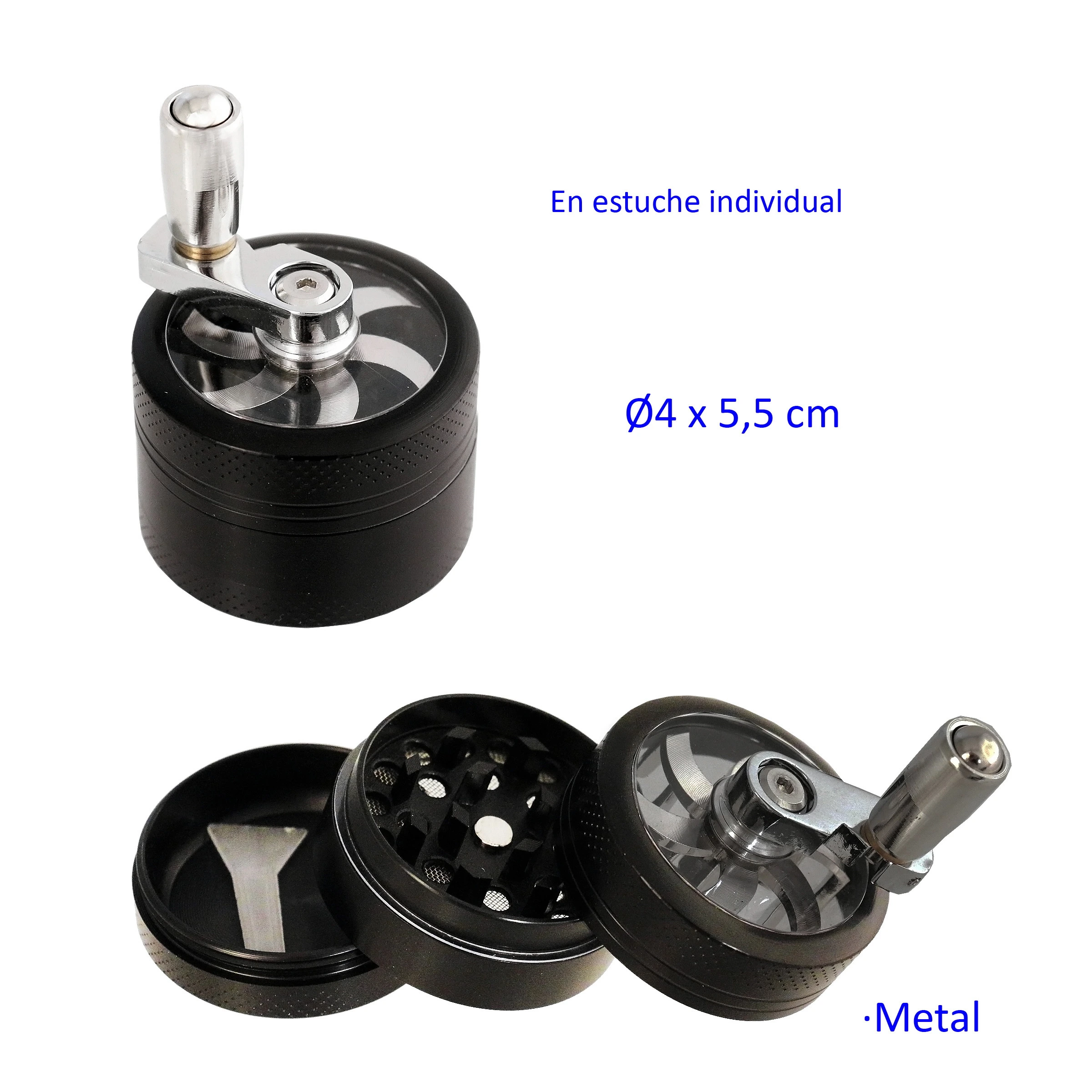 Grinder negro de metal con manivela, mostrado cerrado y desmontado en tres partes, con dientes y pequeña espátula.