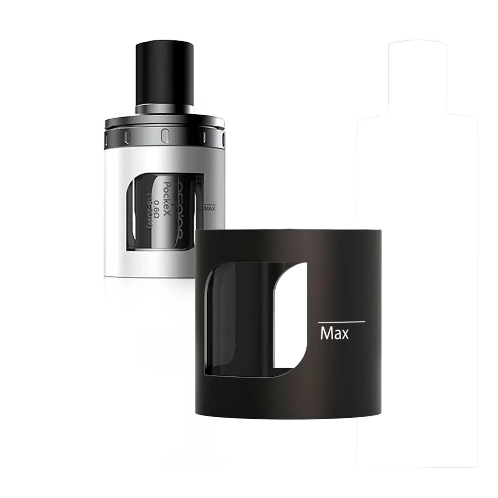 Recambio Aspire PockeX con cubierta negra, ventana y marca Max, delante de un depósito plateado con boquilla negra. Recambio Aspire PockeX con cubierta negra, ventana y marca Max, delante de un depósito plateado con boquilla negra.