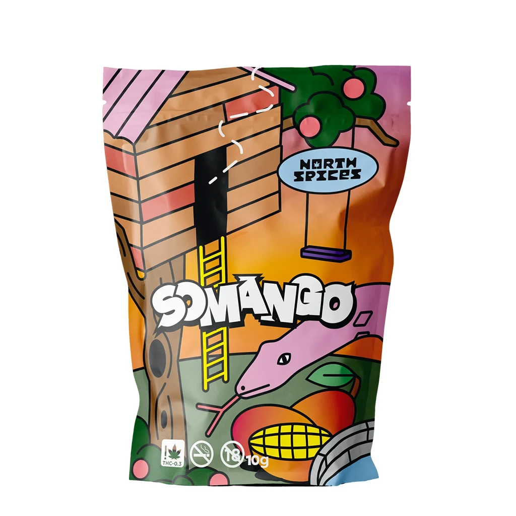Bolsa North Spices Somango con ilustraciones de una casa en un árbol, una serpiente rosa y mangos, y la indicación de 10 g.